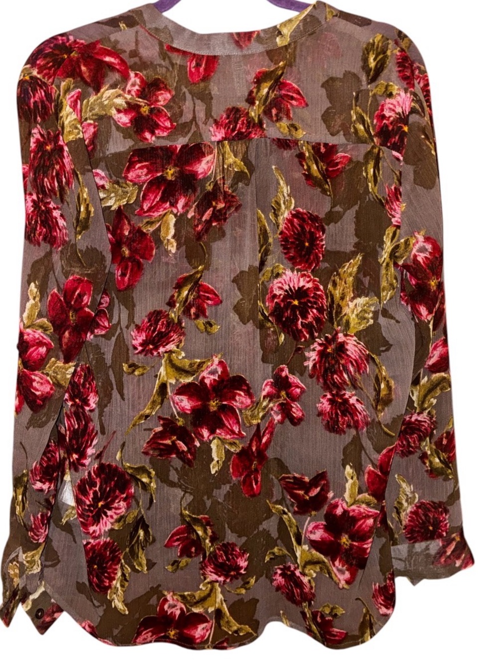Kut from the Kloth sheer blouse features a taupe and maroon print L - Picture 4 of 6